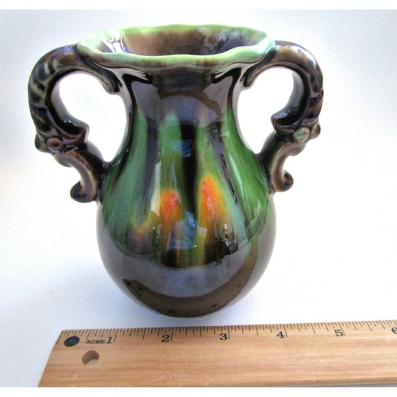 Studio Art Pottery Drip Glaze Vase Brown Green Yellow two handles signed 1110 12 - Picture 7 of 8